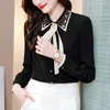Sommar mode långärmad crepe de chine silke bow tröjor eleganta diamanter färgstarka knappar skjorta toppar kontor lady blouses 210416