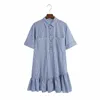 Za Blue Striped Ruffle Mini Dress Kvinnor Kortärmad Knapp Upp Tillfälligt Retro Klänningar Kvinna Mode Patch Fickor Vestidos 210602