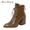 Stivaletti con tacco alto in vera pelle Wome Shoes Zip Lace Up Tacco a punta Tacco corto Autunno Inverno Khaki 210517