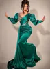 Hunter Green Mermaid Evening Pageant Dresses 2022 Long Sleeve Crystal Stain African Arabic Aso Ebi Fishtail Prom Formal Reception Gown