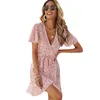 Mini Women Beach Dress Summer Blommigryck Fairy Dress Sexig V Neck Boho Beach Ruffle Kortärmad En Linje Solklänning 210514