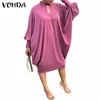 VONDA Autumn Dr2021 Summer Spring Long Bat-Sleeve Solid Dresses Elegant Knee-Length Party Robe Ladies Bohemian Vestidos X0529