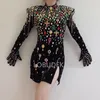 Multi-color Big Rhinestones Black Dress Glass Stones Women Prom Birthday Celebration Crystals Evening Stage Singer Dancer