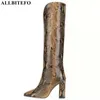 AllbiteFo Rozmiar 33-43 Tekstura Kobiety High Heel Buty Gruby Heel Moda Party Buty Kolano Wysokie buty Buty jazdy 210611