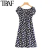 Traf Women Chic Fashion Floral Print Lace-Up Mini Dress Vintage Slash Neck Side Zipper Vrouwelijke jurken Vestidos Mujer 210415