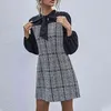 CHIC Vintage вязаное клетчатое плечо зимнее платье элегантный бантик с длинным рукавом лоскутное офисные дамы короткие платья A-Line Vestidos W251 210526