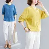 Été boutonné chemise femmes grande taille hauts 100% coton Blouse O cou décontracté dames vêtements couleur unie Blusas 13627 210521