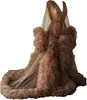 妊娠中の女性の茶色のイブニングドレス写真ローブPajam Robe Vネック長袖アップリケレースチュールガウンカスタマイズされた床の長さバスローブメッシュドレス