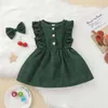 2021 New Spring 6m-5y Baby Girl 2pcs Set Corduroy Ruffled Sem Mangas Únicas Vestido Breasted + Bow Hairpin Crianças Roupas 4 Cores Q0716