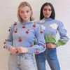 Foridol Ręcznie wykonany Sweter Wiśniowy Kobiety Vintage Crochet Blue Pullowniki Jesień Zima Streetwear Casual Sweter 210415