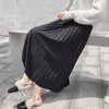 Shiny Midi Plised Spódnica Kobiety na Wiosna Jesień Koreański Styl Casual Wysoka Talia Czarna Linia Długa Kobieta 210421