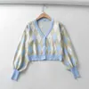 Cardigan Sweater Vintage Vintage V-Neck Argyle Longa Manga Molha Moda Slim Doce Doce Bonito Elegante Quente Chique Top Out Outono Inverno 210521