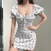 White Casual Floral Women Dress Bandage Ruched Summer Mini Office Puff Sleeve High Street Aline Ladies es 210520