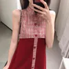 Red Plaid Patchwork O Neck Single-breasted Tank Sleeveless Dress Sweet Summer Vintage D1669 210514