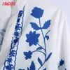 Women Retro Blue Floral Print Romantic Crop Blouse V Neck Long Sleeve Chic Female Shirt Tops CE225 210416