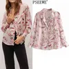 Frauen Shirts Rosa Blumen Druck Button Up Weibliches Hemd Frühling Mode Tasche Langarm Streetwear Elegante Bluse 210519