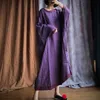 Johnature Autumn Purple Loose Batwing Sleeve Dress Linen Casual Vintage Women Retro O-neck Plus Size Dress 210521