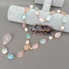 YYGEM Freshwater White Pearl Multi Color Morgonite Necklace Rose Quartz Pendant 28''