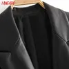 Tangada Donna Blazer in ecopelle nera Cappotto Vintage con colletto dentellato Manica lunga Moda femminile Sciolto Chic Top QN37 211019