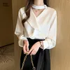 Chemisier Femme 2021 Autumn v-neck كشكش قميص الساتان الكوري على الطراز الكوري All-Match Long Sleeve Plouse Tops Tops 10498 Blouses Women's