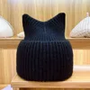 Casual Knitted Hat for Women Winter Cute Meow Kitty Woman Warm Wool Cap Handmade Knit Beanie Black Yellow Beige Pink 211119