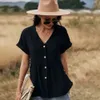 Chemise décontractée en coton et lin pour femmes Blouese mode d'été à manches courtes imprimé léopard Patch chemise pour femmes hauts 210514