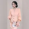 Mode lente vrouwen temperament lange mouw roze jurk gewaad sexy v-nek korea chique feestjurken vestidos 210520
