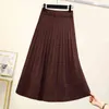 Thick Elastic High Waist Knitted Pleated Skirt Women's Winter Wild Ruffle Solid Color A Line Mid Calf Long Office Lady 210514