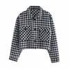 Traf Women Fashion Single Bered Short Black Plaid Jacket Pocket Accessories Retro Long Rleeve Bluzka Streetwear 220217