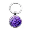 Purple Flower Lavender Glass Cabochon Rings Key Metal Picture Keychain Handbag para mulheres Jóias de moda Will e Sandy