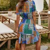 Loose Bohemian Printed Women Dress Sexy V-Neck Short Sleeve Drawstring Elastic Waist Summer Female Dress W202 210526