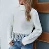 Tassel Zroszony Turtleneck Biały sweter Pulowers Kobiety Dzianiny Hollow Out Cropped Jumper Jesień Zima Vintage Topy 210415