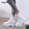 Bottes chaussures automne compensées pour femmes fond épais mode fermeture éclair cheville élégante dame chaussons en cuir PU plate-forme talon blanc