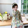 Chinese style cute girls floral long sleeve gown Autumn kids Frog cheongsam dress 210708
