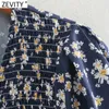Zevity Women Vintage V Neck Elastic Flower Print A Line Mini Dress Femme Pleats Puff Sleeve Casual Slim Vestido Cloth DS4665 210603
