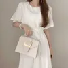 Korejpaa kobiety sukienka lato koreański styl elegancki elegancki dojeżdżający solidna okrągła krawat neck talii smukły krótki rękaw MIDI sukienki 210526