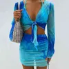 OMSJ Fashion Tie Dye Party Club Sexy Skirt Set Long Sleeve Lace Up Crop Top And Bandage Mini Womens Mesh Suits Summer 210517