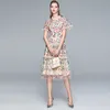 Zomer floral borduurwerk mesh jurk vrouwelijke elegante korte mouw kant gegolfd zoete meisjes bloem partij vestidos 210529