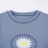 하라주쿠 그래픽 티스 전자 소녀 탑스 꽃 귀여운 티셔츠 Y2K 여성 블루 빈티지 90S 미학 의류 패치 워크 긴 소매 Y0629
