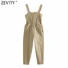 Women Fashion Double Pockets Patch Elastic Waist Sling Jumpsuits Chic Lady Cargo Pants Casual Business Rompers DS8308 210420