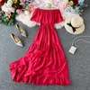 Off Schulter Kleid Sommer Fee Strand Kleid Boho Weiß Lange Sexy Kleider Für Frauen Party Elegante Koreanische Rüschen Kleidung rot 210715