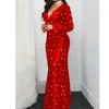 Casual Dresses 2021 Women Long Sleeve Dot Dress Printed Spring And Summer V-neck Slit Maxi For Woman