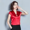 Mode coréenne soie femmes Blouses Satin col en v sans manches chemises rouges grande taille XXXL s hauts et 210427