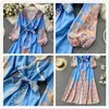 Singreiny Dames Mode Print Maxi Jurk Franse Kant V-hals Bladerdeeg Mouw Button Riem Jurken Spring Boho Vakantie Lange Jurk 210419