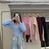 Neploe Dzianiny Cropped Pullovers Sexy Square Collar Button Z Długim Rękawem Slim Fit Swetry Kobiety Solidna luźna Jumper Pull Femme 210422