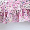 Zevity Women Sweet Pink Floral Print Chiffon Short Blouse Female Chic Off Shoulder Elastic Pleat Ruffles Shirt Tube Tops LS9179 210603