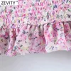 Zevity Women Sweet Pink Floral Print Chiffon Short Blouse Kvinna Chic Off Shoulder Elastic Pleat Ruffles Shirt Tube Tops LS9179 210603