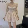 Ezgaga estilo francês Sexy lace malha reche-se patchwork mini vestido primavera verão nova manga longa vestidos florais clubwear 210430