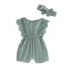 Summer born Girls Rompers Set Flare Sleeve Solid Print Lace Design Romper Jumpsuit With Headband s 211101