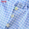 Tangadaの女性のセットレトロな青い格子縞のフリルクロップシャツトップとマッチスカートのショートパンツのためのSummer JE74 210609